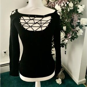 Koji Yohji long sleeve cold shoulder rhinestone sweater top Y2K